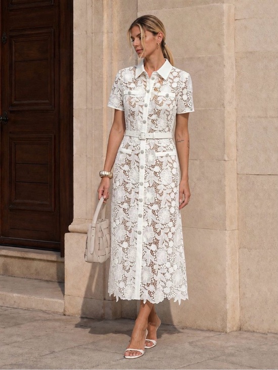 Commense Dresses & Skirts - Commense Guipure Lace Button-Front Midi Dress with Rhinestone buttons & Belt